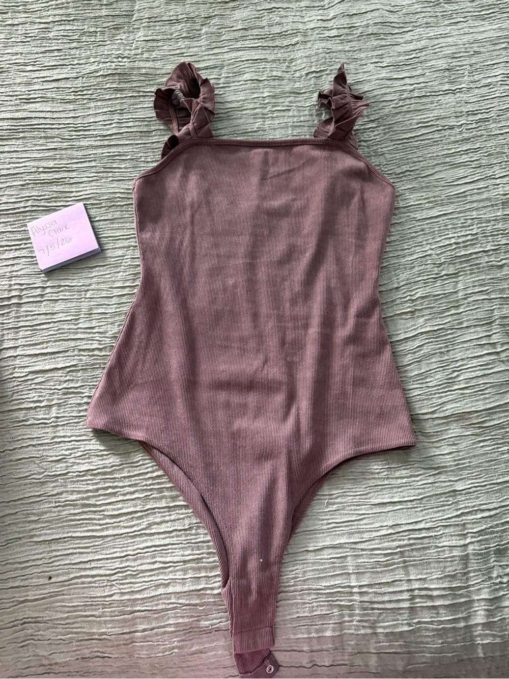 Ribbed Mauve One-Piece Bodysuit with Ruffled Straps